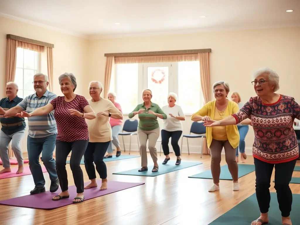 A group of seniors participating in a gentle exercise class, with an instructor guiding them through low-impact movements in a community hall. The participants are smiling and enjoying the social interaction.