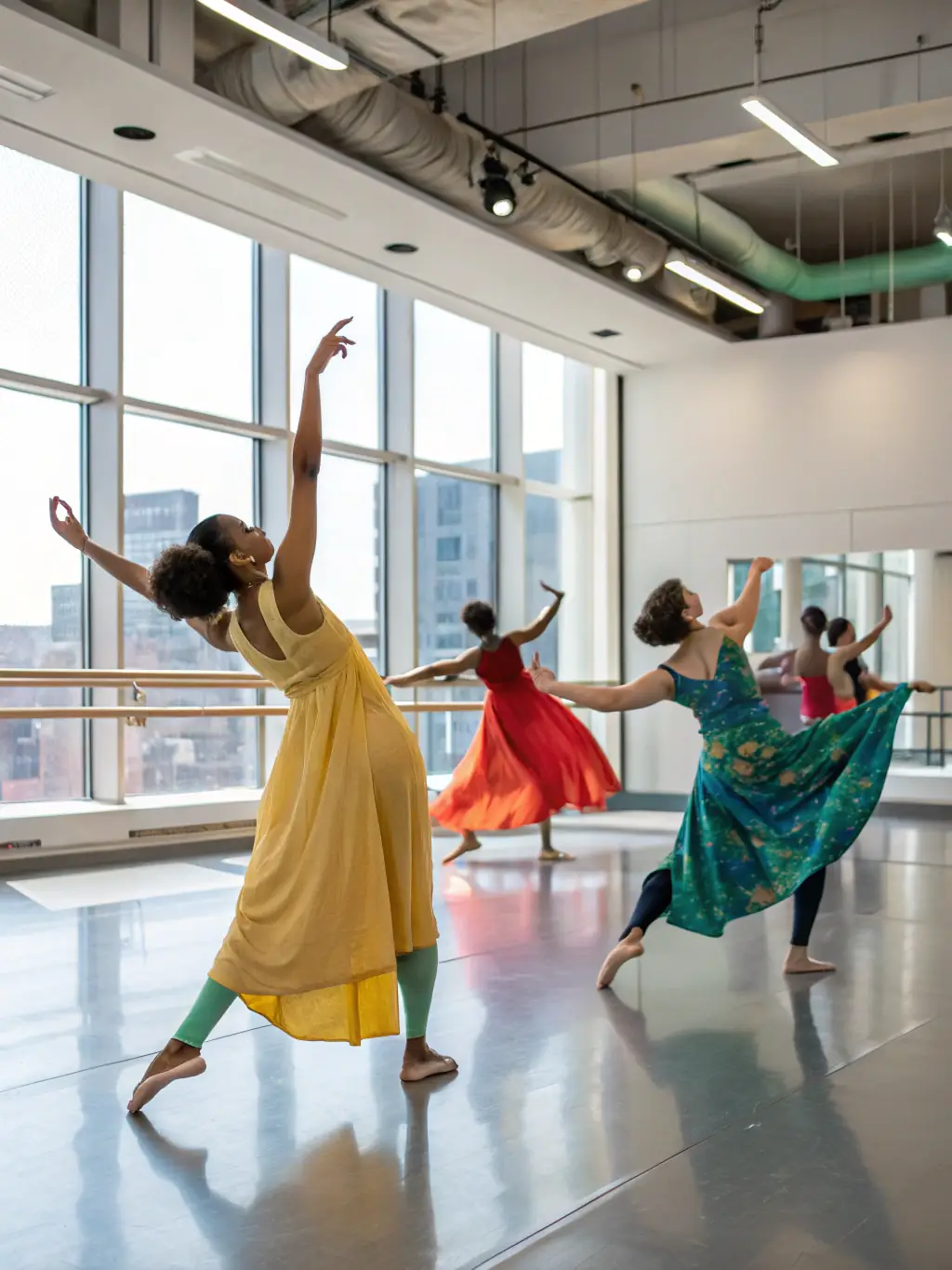 A graceful image of adults participating in a contemporary dance class, moving fluidly and expressively, highlighting the artistic and fitness aspects of the program.