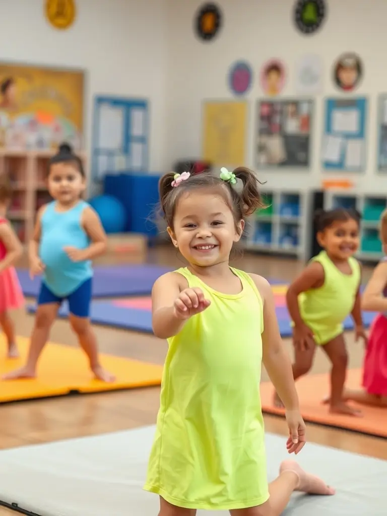 A dynamic image of young children engaged in a gymnastics class, performing basic exercises with mats and colorful equipment, showcasing the fun and engaging atmosphere of the program.