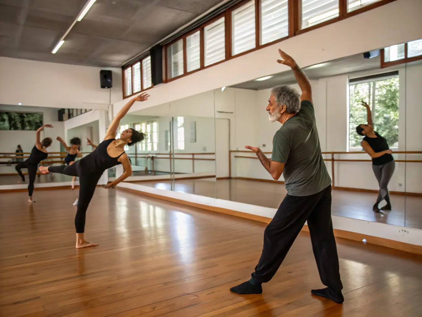 Adults participating in a modern dance class, with an instructor leading them through a routine in a spacious studio. The participants are focused and enjoying the expressive movements.