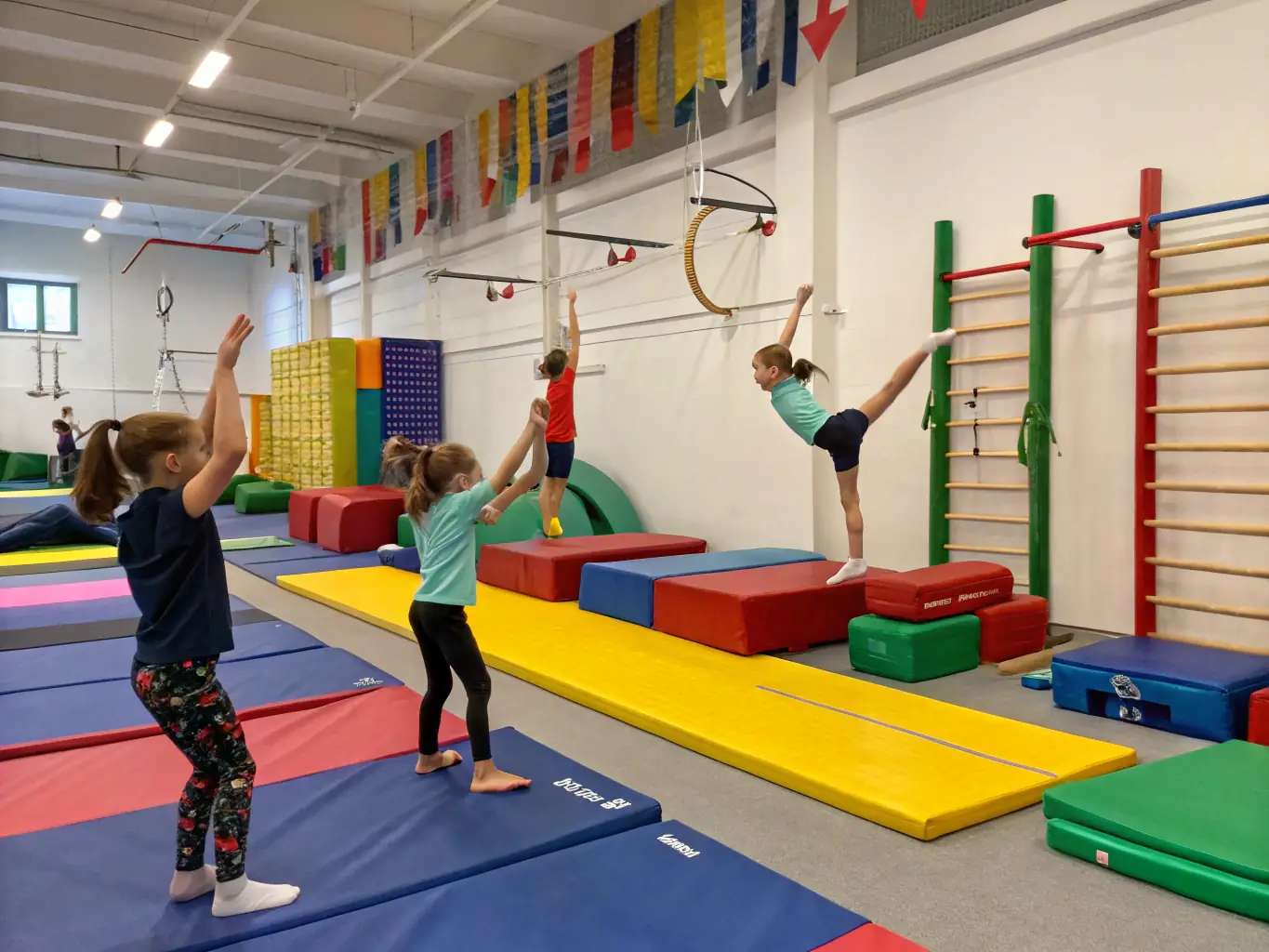A group of young children participating in a beginner's gymnastics class, with colorful mats and supportive instructors in a community center setting. The children are smiling and engaged in the activities.